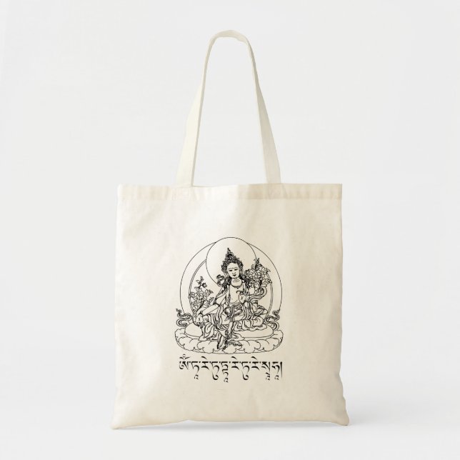 Bolso De Tela Buda Verde Tara Mantra Budismo tibetano Vajrayan (Frente)