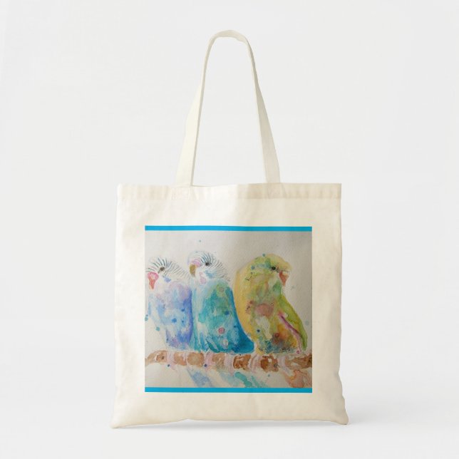 Bolso De Tela Budgies Aqua Verde azulado pájaro de pintura de co (Frente)