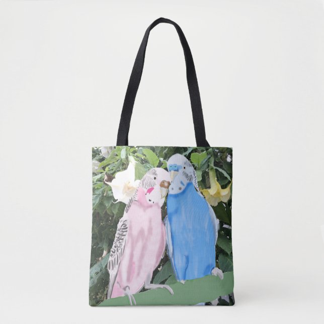 Bolso De Tela Budgies y Flores Ángel Trumpet blancas (Anverso)