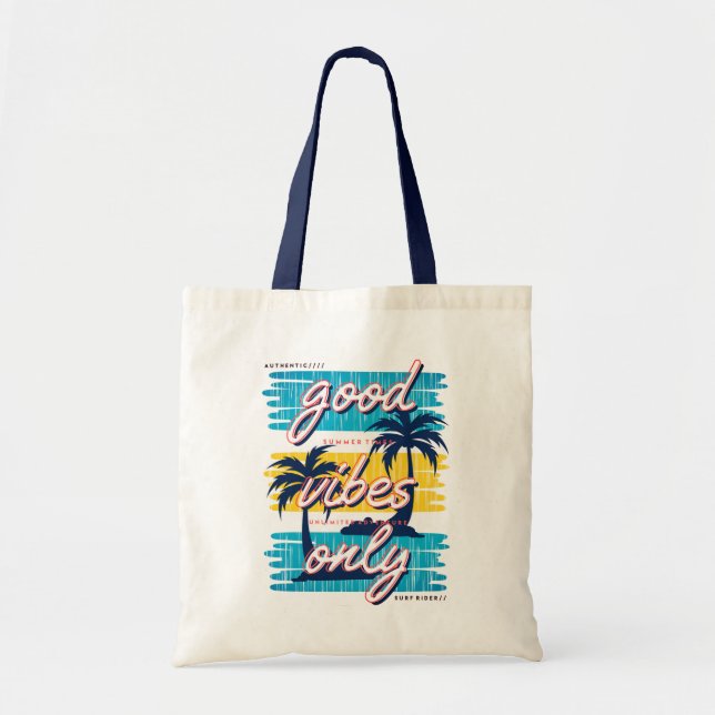 Bolso De Tela Buenas Vibes Sólo Playa Tropical Verano Moderno (Frente)