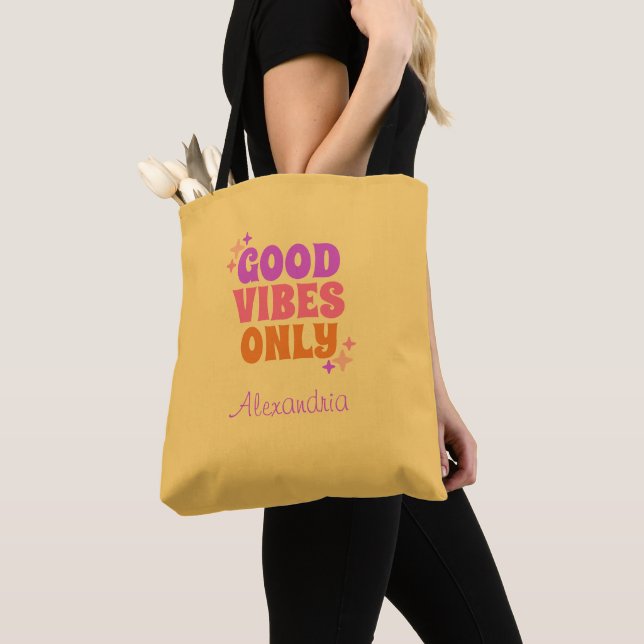 Bolso De Tela Buenos vibraciones personalizadas Amarillo (Detalle)