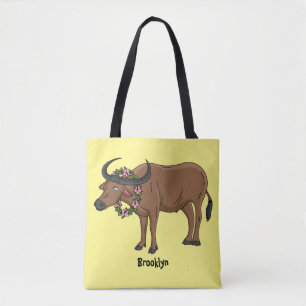 Bolso De Tela Búfalo de agua con flores ilustracion personalizad