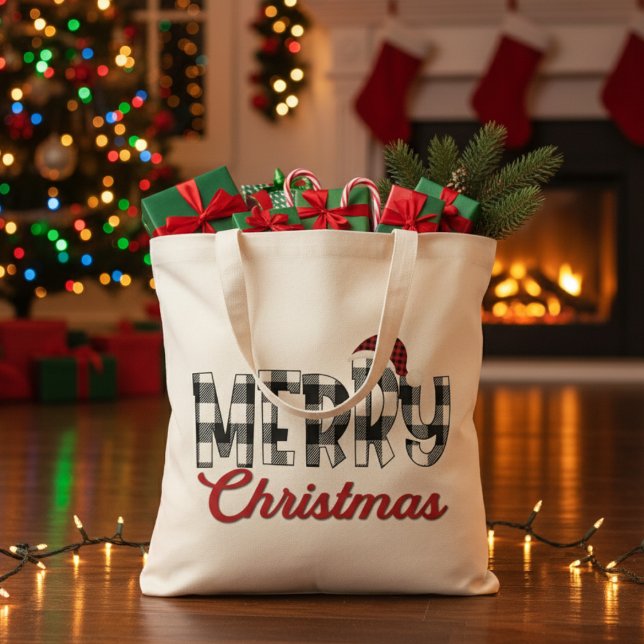 Bolso De Tela Búfalo Rojo, Negro y Blanco Juegan Feliz Navidad (Red, Black and White Buffalo Plaid Merry Christmas Tote Bag)