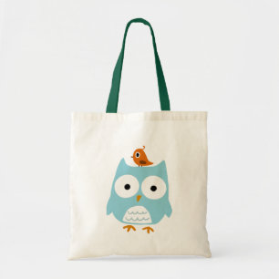 Bolso De Tela Búho azul con el pequeño pájaro anaranjado