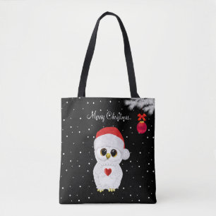 Bolso De Tela Búho blanco de Navidad sobre negro