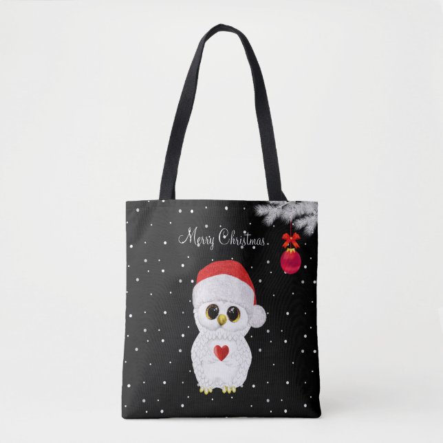 Bolso De Tela Búho blanco de Navidad sobre negro (Anverso)