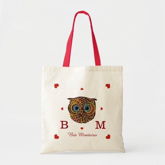 Bolso De Tela búho con iniciales y nombre personalizado (Frente)