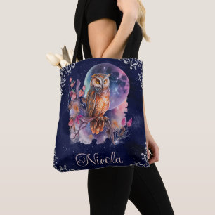 Bolso De Tela Búho de fantasía celestial en acuarela vintage