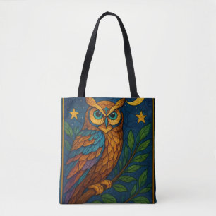 Bolso De Tela Búho de Vidrio Pintado Bajo la Luna y las Estrella
