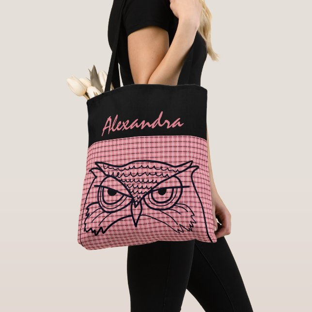 Bolso De Tela Búho Dibujo de pájaros Guay Pink Tartan Moderno Mo (Detalle)