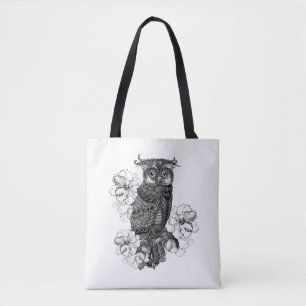 Bolso De Tela Búho Gris Orquídeas Blancas