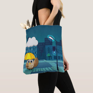 Bolso De Tela Búho lindo con paraguas en el día de lluvias