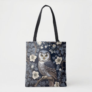 Bolso De Tela Búho Norteño Pequeño y Flores de Luna sobre Azul M