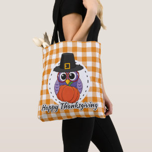 Bolso De Tela Búho peregrino en cuadros naranjas - Feliz Día de 