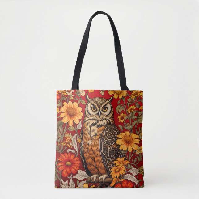 Bolso De Tela Búho Rayado y Flores de Zinnia (Anverso)