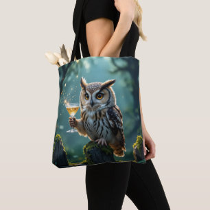 Bolso De Tela Búho sosteniendo un cóctel en un bosque místico