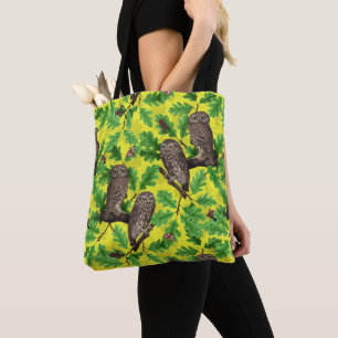 Bolso De Tela Búhos en el bosque sobre amarillo limón
