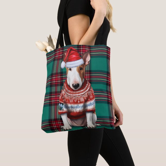 Bolso De Tela Bull Terrier Christmas Dog Green Seasonal Plaid (Detalle)