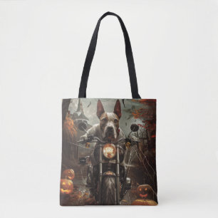 Bolso De Tela Bull Terrier Montando en Motocicleta Halloween Sca