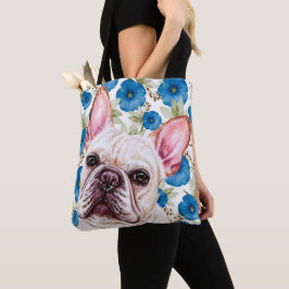 Bolso De Tela Bulldog blanco francés sobre el patrón de flor azu