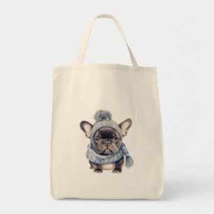 Bolso De Tela Bulldog de bebe de invierno en la cubierta azul y