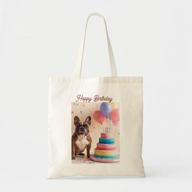 Bolso De Tela Bulldog francés con torta de cumpleaños (Frente)