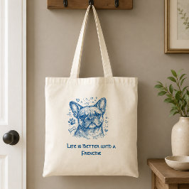 Bolso De Tela Bulldog Francés dibujo lineal azul doodle frenchie
