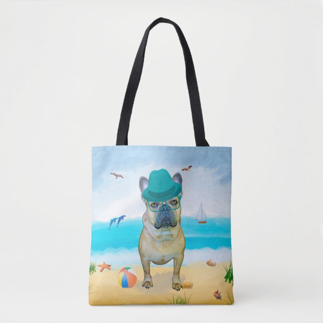 Bolso De Tela Bulldog francés en la playa (Anverso)