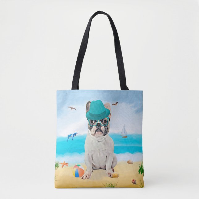 Bolso De Tela Bulldog francés en la playa (Anverso)