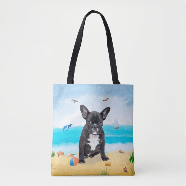 Bolso De Tela Bulldog francés en la playa (Anverso)