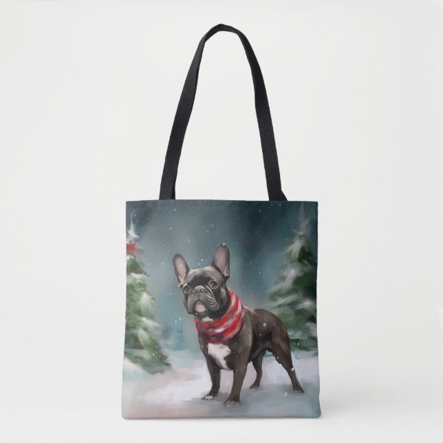 Bolso De Tela Bulldog francés en Navidades de nieve (Anverso)