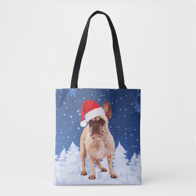 Bolso De Tela Bulldog francés en Navidades de nieve con Santa Ha (Anverso)