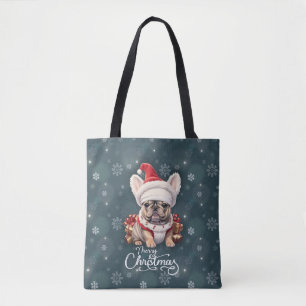 Bolso De Tela Bulldog francés lindo Santa Hat Feliz Navidad