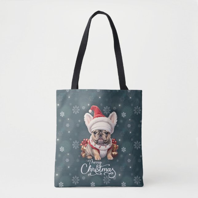 Bolso De Tela Bulldog francés lindo Santa Hat Feliz Navidad (Anverso)