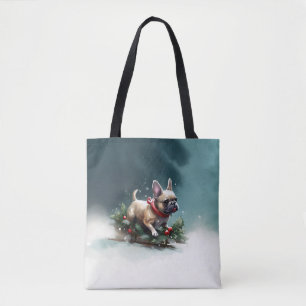 Bolso De Tela Bulldog Francés Navidad nieve invierno