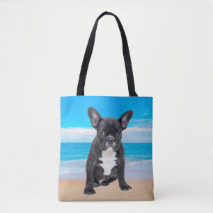 Bolso De Tela Bulldog francés sentado en la playa