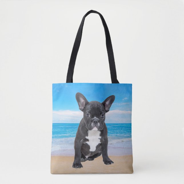 Bolso De Tela Bulldog francés sentado en la playa (Anverso)
