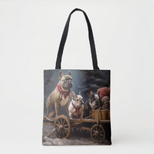 Bolso De Tela Bulldog Francés Snowy Sleigh Decoración de Navidad