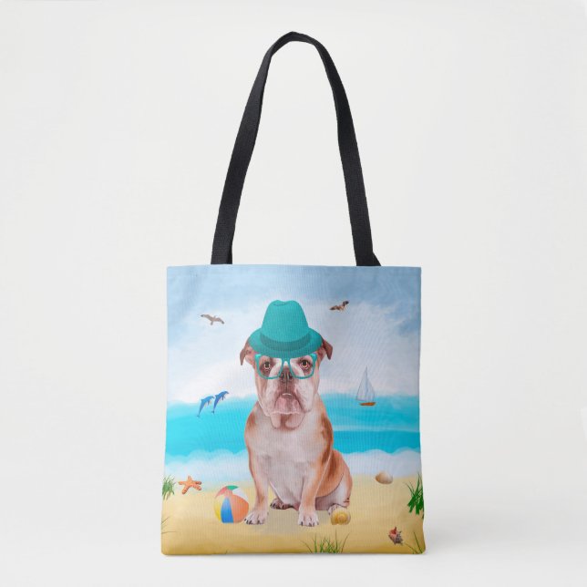Bolso De Tela Bulldog inglés en la playa (Anverso)