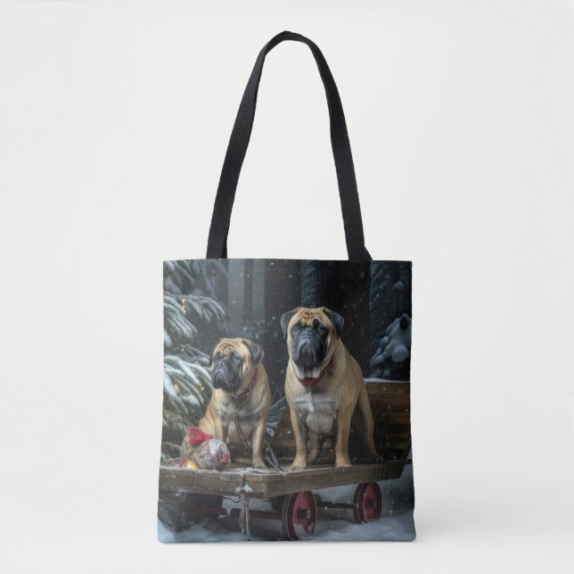 Bolso De Tela Bullmastiff Decoración de Navidades Snowy Sleigh (Anverso)
