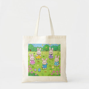 Bolso De Tela Bunnies de Pascua escondiendo huevos en un jardín