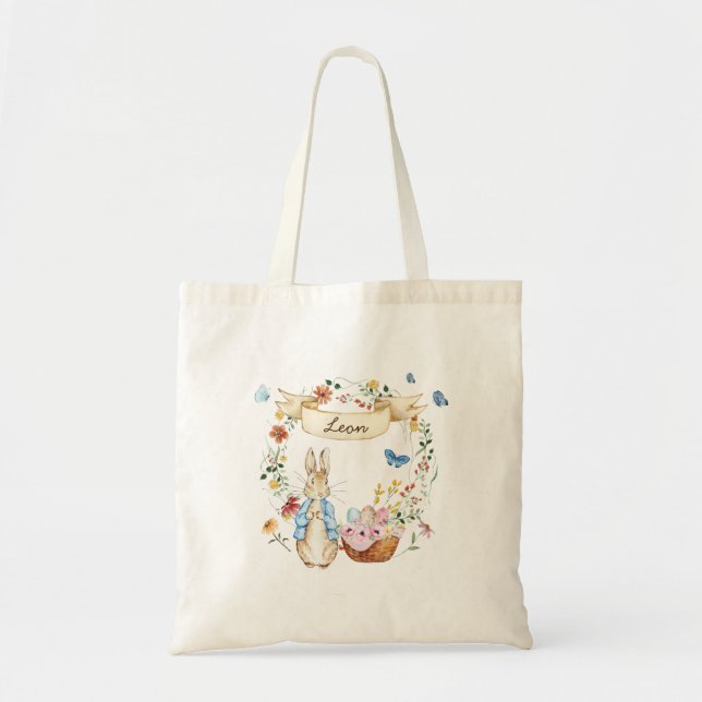Bolso De Tela Bunny and Flowers de acuarela personalizada de Sem (Frente)