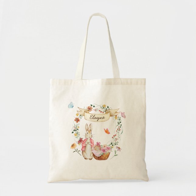 Bolso De Tela Bunny and Flowers de acuarela personalizada de Sem (Frente)