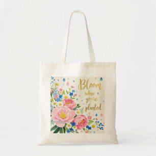 Bolso De Tela Buquet de acuarela vibrante de peonías, daisias