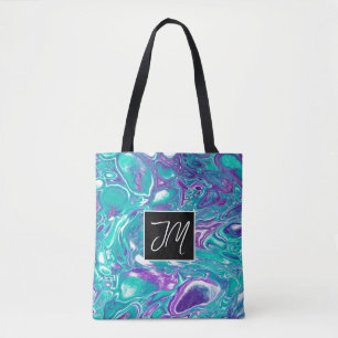 Bolso De Tela Burbujas turquesa y púrpura arte fluido