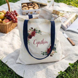 Bolso De Tela Burgundy Azul Marino Floral Clásico Marco Geométri