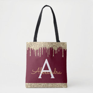 Bolso De Tela Burgundy Dorado Brillo Destello Monograma Elegante