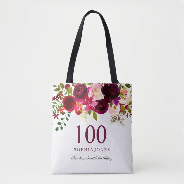 Bolso De Tela Burgundy Floral Boho 100 cumpleaños (Anverso)