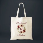 Bolso De Tela Burgundy Floral Gold Circle Monograma Bridesmaid<br><div class="desc">Acuarela Borgoña Floral Oro Círculo Monograma Bridesmaid Tote Bag</div>