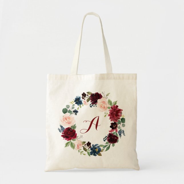 Bolso De Tela burgundy floral personalizada Tote Bag Bridesmaid (Frente)